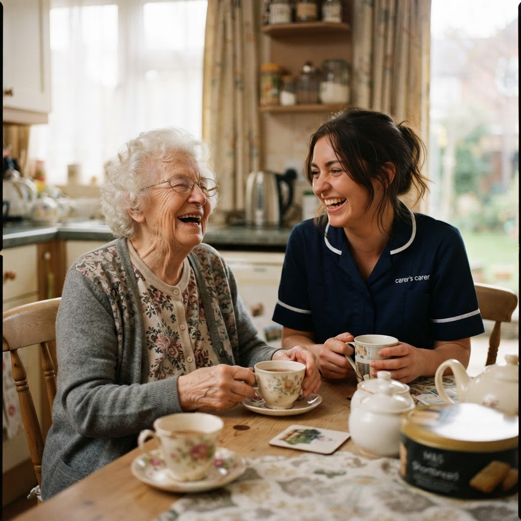 A carer and elderly woman laughing together over cups of tea