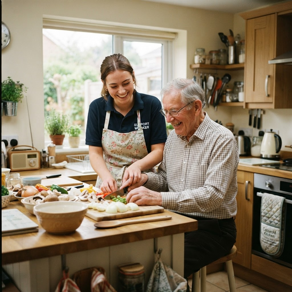 A support worker helping an elderly man prepare a meal at home