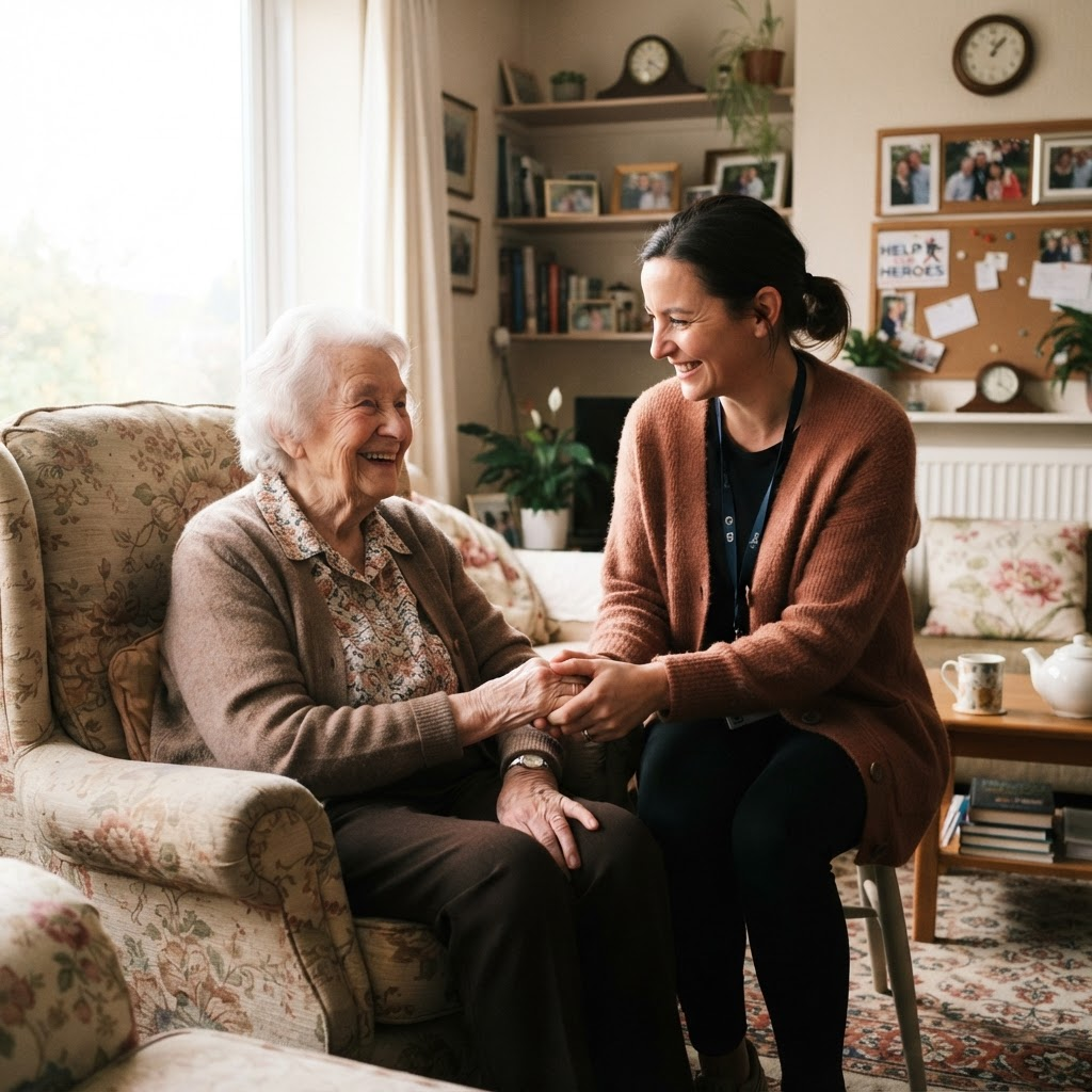 A carer holding hands with a smiling elderly woman in a sunlit living room