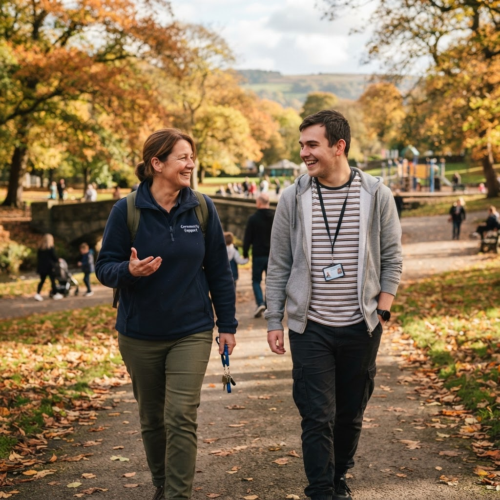 A support worker walking outdoors with a smiling younger adult